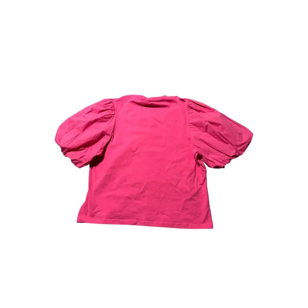 Love The Label Blouse Top Womens XL Fuchsia Pink Stretch Puff Sleeve Classic